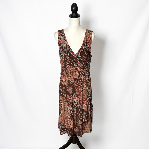 Lauren Ralph Lauren Sleeveless Paisley Faux Wrap Dress Size XL Jersey Stretch - Picture 2 of 13